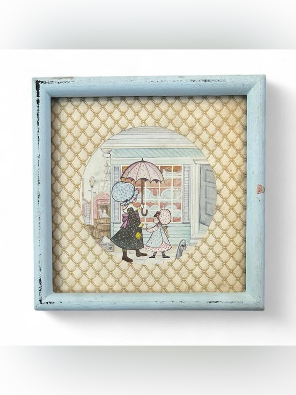 Framed Vintage-Style Girl & Mother Rainy Day Wall Art - Pastel Blue Frame
